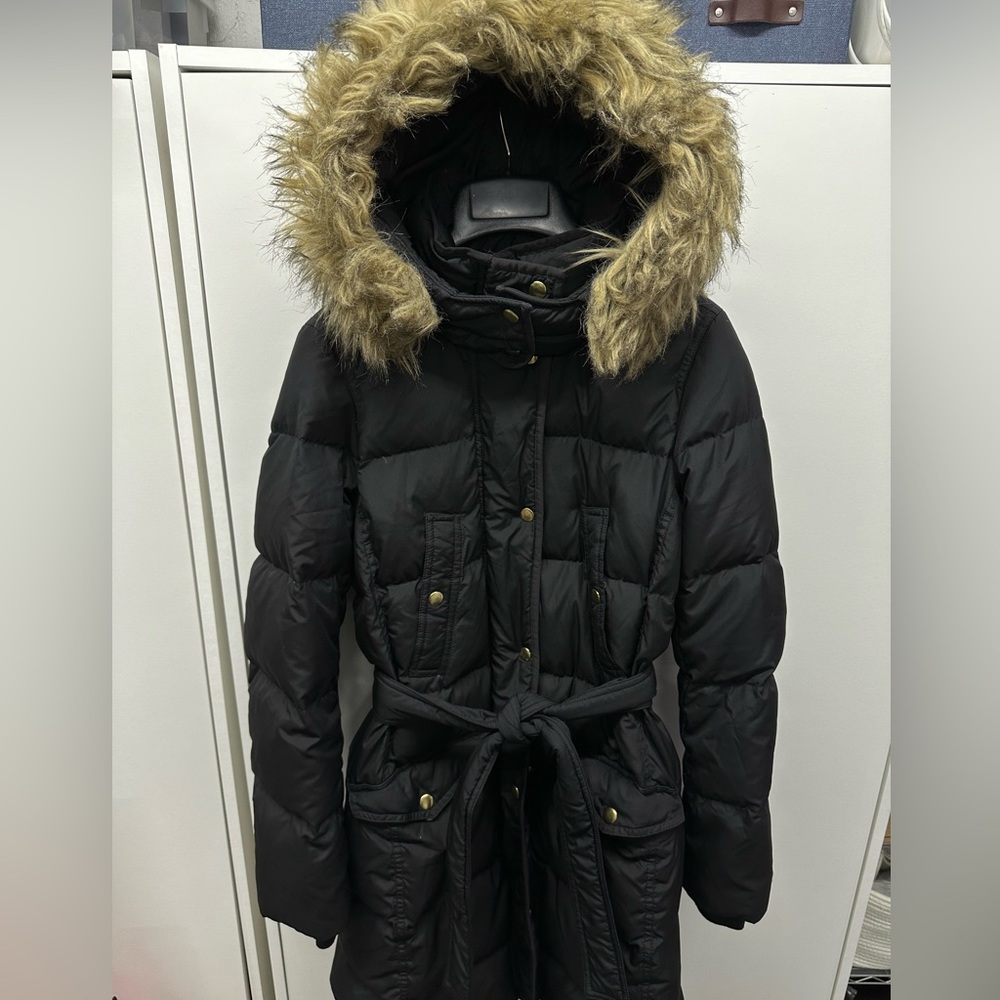J. Crew women’s down puffer coat, size XS, removeable faux fur hood trim
